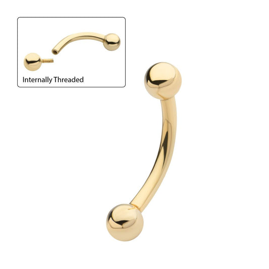 14Kt-Yellow Gold Curved Barbell with One Side Internally Threaded and One Side Fixed Ball End