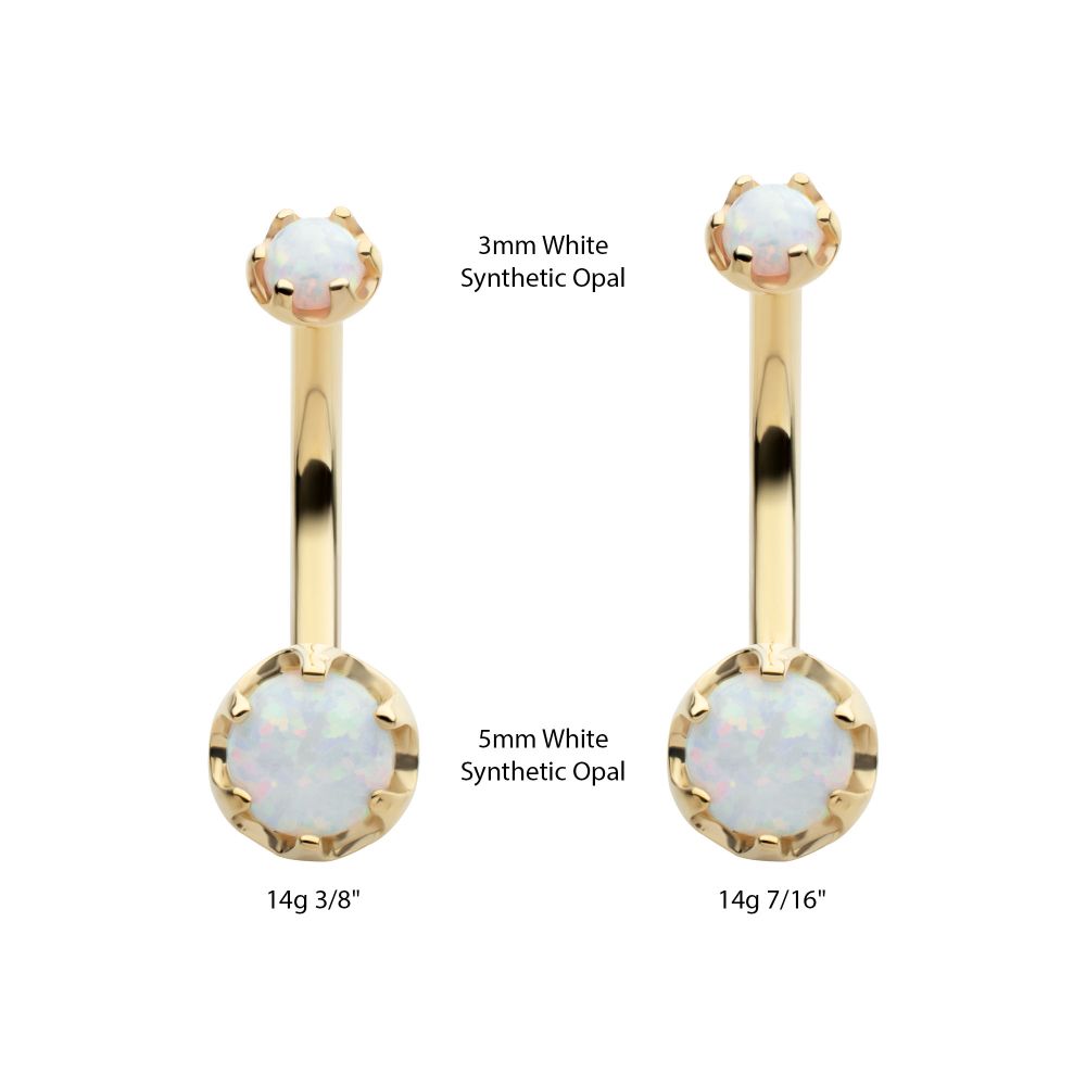 14Kt Yellow Gold Internally Threaded Double Round 6-Prong White Opal Fixed Bottom Navel