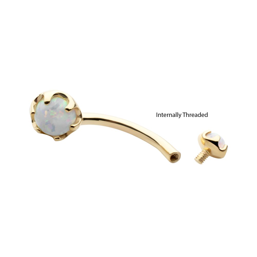 14Kt Yellow Gold Internally Threaded Double Round 6-Prong White Opal Fixed Bottom Navel