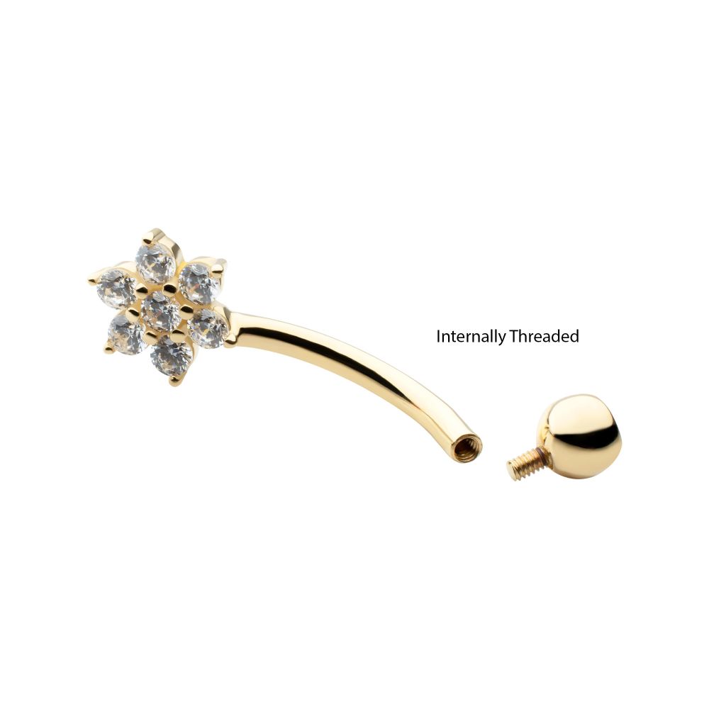 14Kt Gold Internally Threaded Round Clear CZ Flower Shape Fixed Bottom Navel