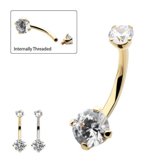 14Kt Gold Internally Threaded Double Round 4-Prong Clear CZ Fixed Bottom Navel