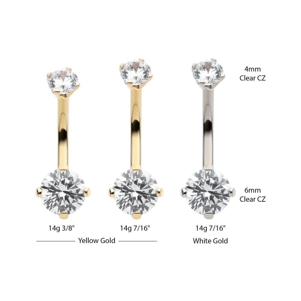 14Kt Gold Internally Threaded Double Round 4-Prong Clear CZ Fixed Bottom Navel