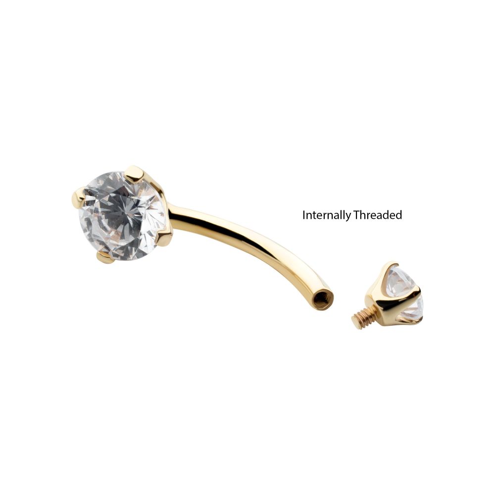14Kt Gold Internally Threaded Double Round 4-Prong Clear CZ Fixed Bottom Navel