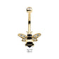 14Kt Yellow Gold Internally Threaded Pave Set Round Clear CZ Enamel Bee Fixed Bottom Navel