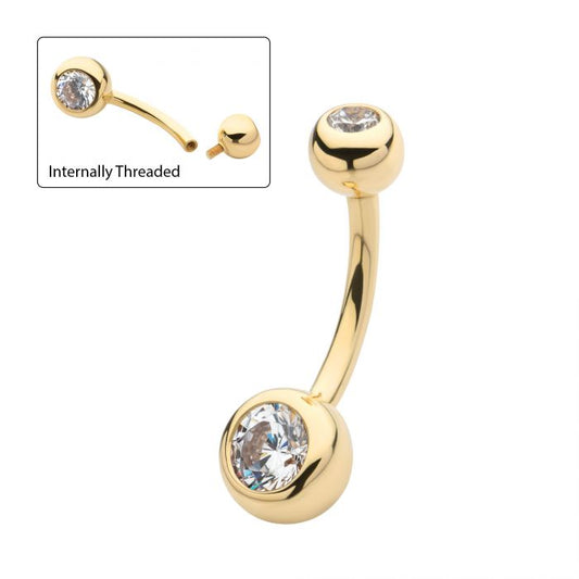14Kt Yellow Gold Double Bezel Clear CZ Internally Threaded Top with Fixed Bottom Navel
