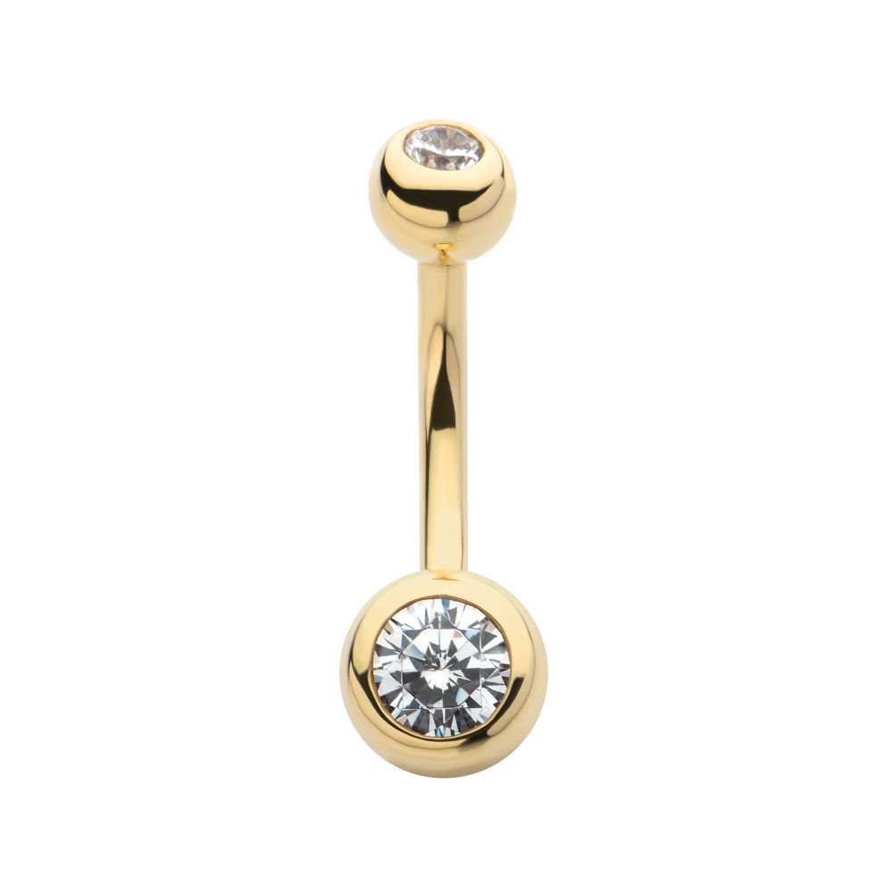 14Kt-Yellow Gold Double Bezel Clear CZ Internally Threaded Top with Fixed Bottom Navel