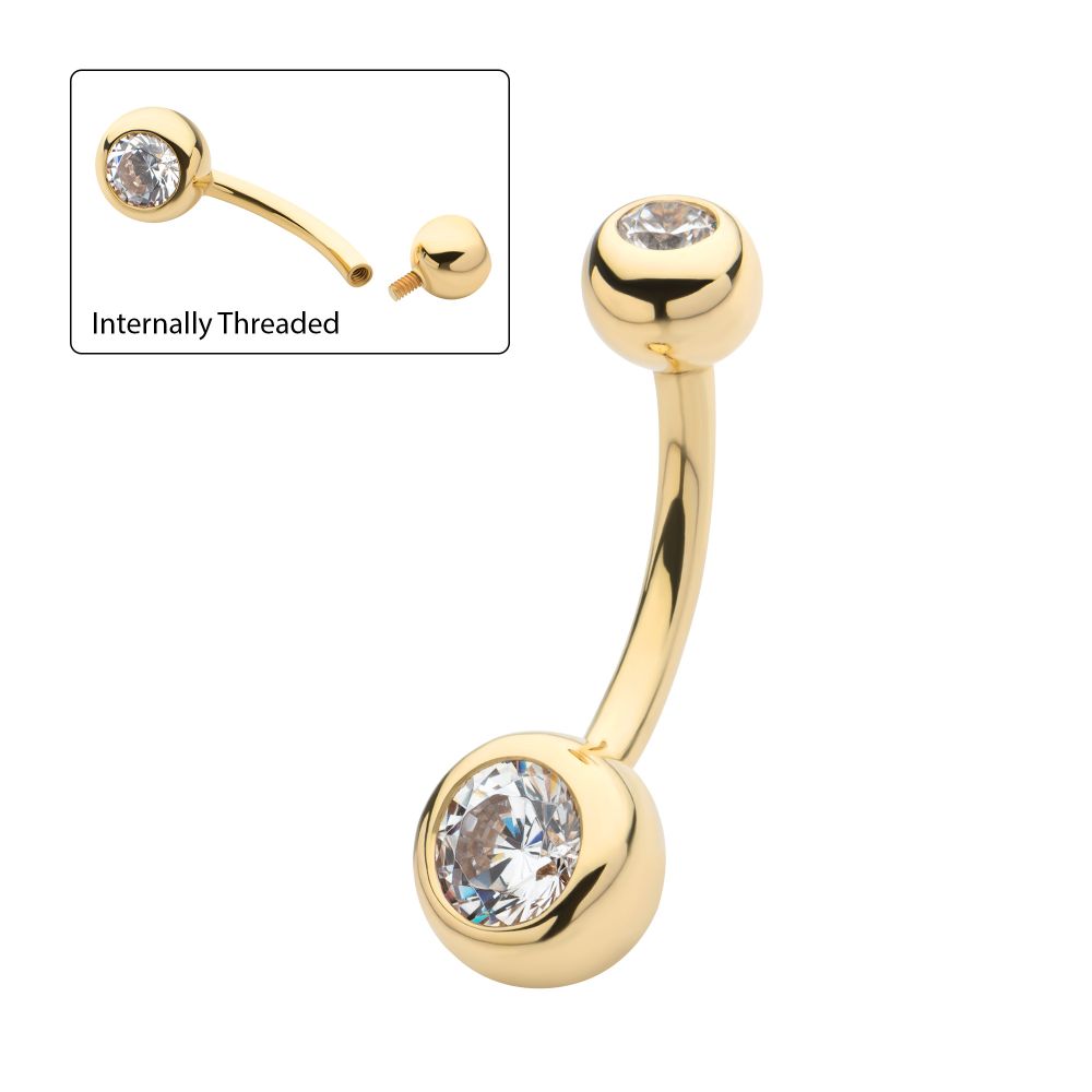 14Kt-Yellow Gold Double Bezel Clear CZ Internally Threaded Top with Fixed Bottom Navel