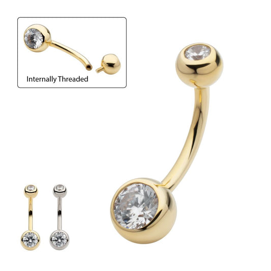 14Kt Gold Internally Threaded Double Round Bezel Clear CZ Fixed Bottom Navel