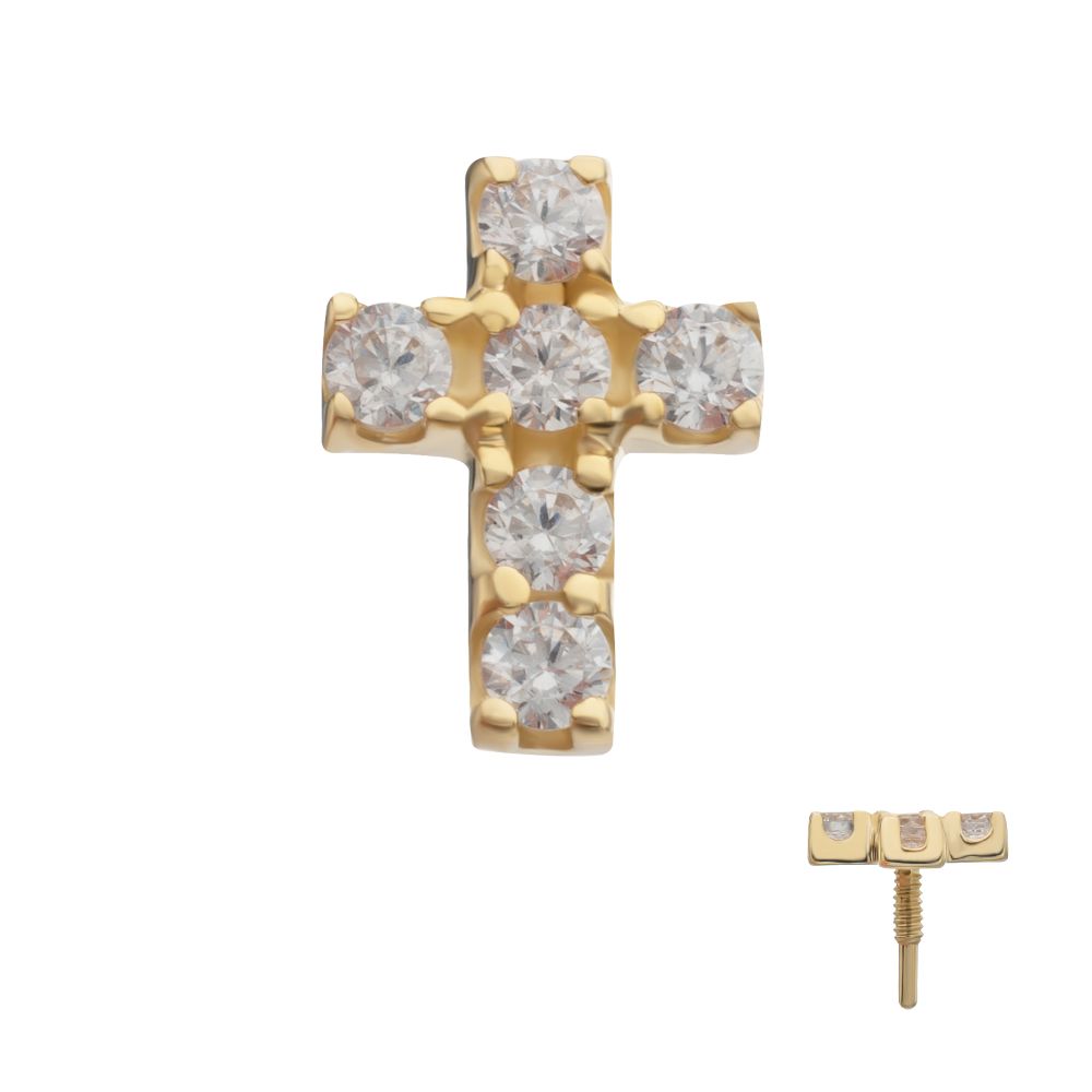 14Kt Yellow Gold M0.8 Internally Threaded Pave Gem Cross Top