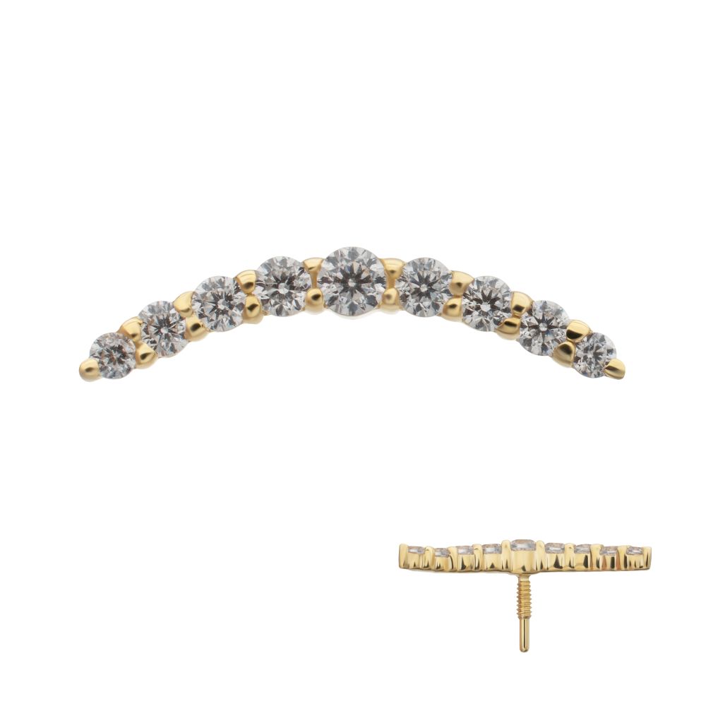 14Kt Yellow Gold M0.8 Internally Threaded Curved 9-Gem Bar Top