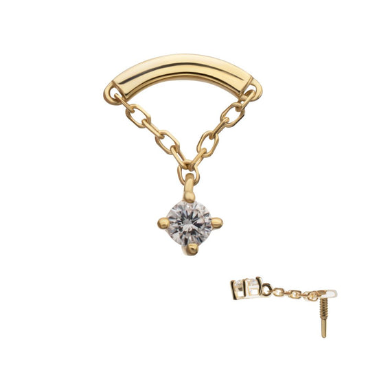 14Kt Yellow Gold M0.8 Internally Threaded Curved Bar Top with 4-Prong Gem Chain Dangle