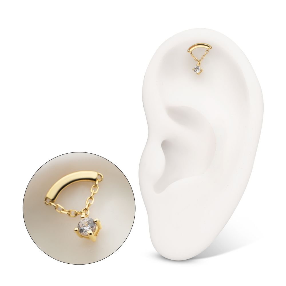 14Kt Yellow Gold M0.8 Internally Threaded Curved Bar Top with 4-Prong Gem Chain Dangle