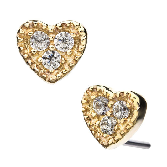14kt Yellow Gold Threadless with 3-Clear CZ Heart Top