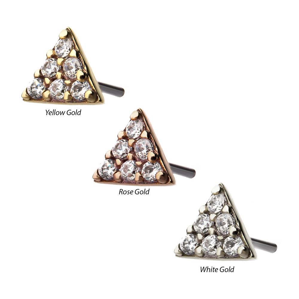 14kt Gold Threadless with Prong Set Multi-Clear CZ Triangle Shape Top