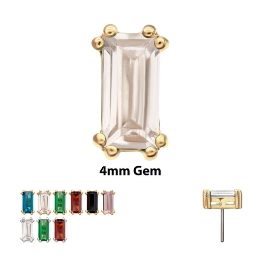 14Kt-Gold Threadless 4mm Emerald Cut Prong Set Gem Top