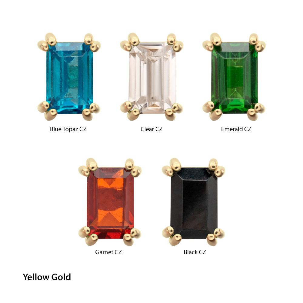 14Kt Gold Threadless 3mm Emerald Cut Prong Set Gem Top