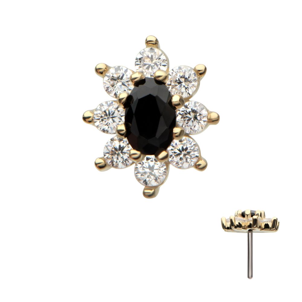14Kt Yellow Gold Threadless "Regalia Oval" CZ Gem Flower Top