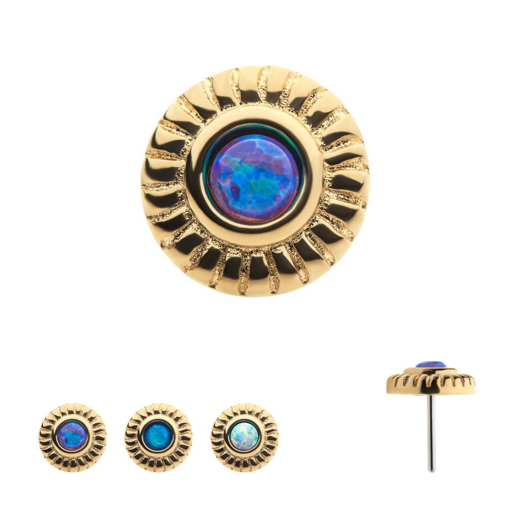 14Kt Yellow Gold Threadless with Bezel Set Synthetic Opal Fine Line Scalloped Edge Top