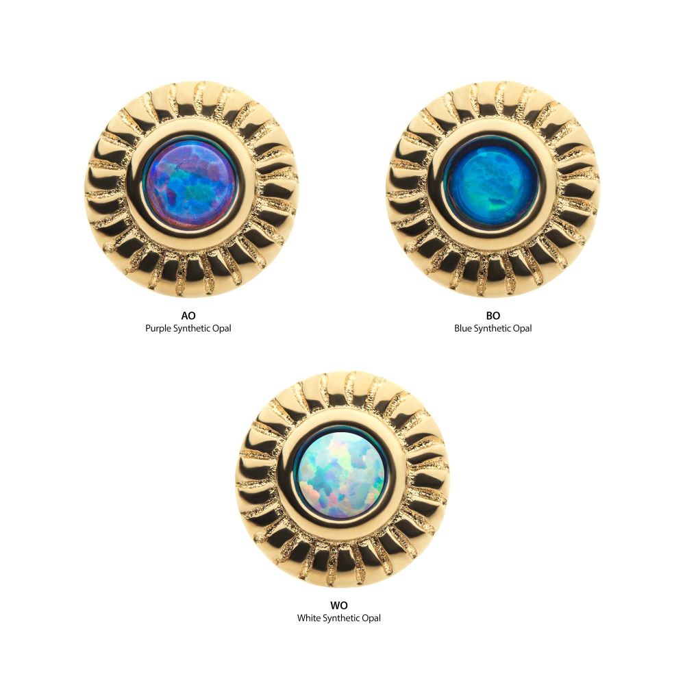 14Kt Yellow Gold Threadless with Bezel Set Synthetic Opal Fine Line Scalloped Edge Top