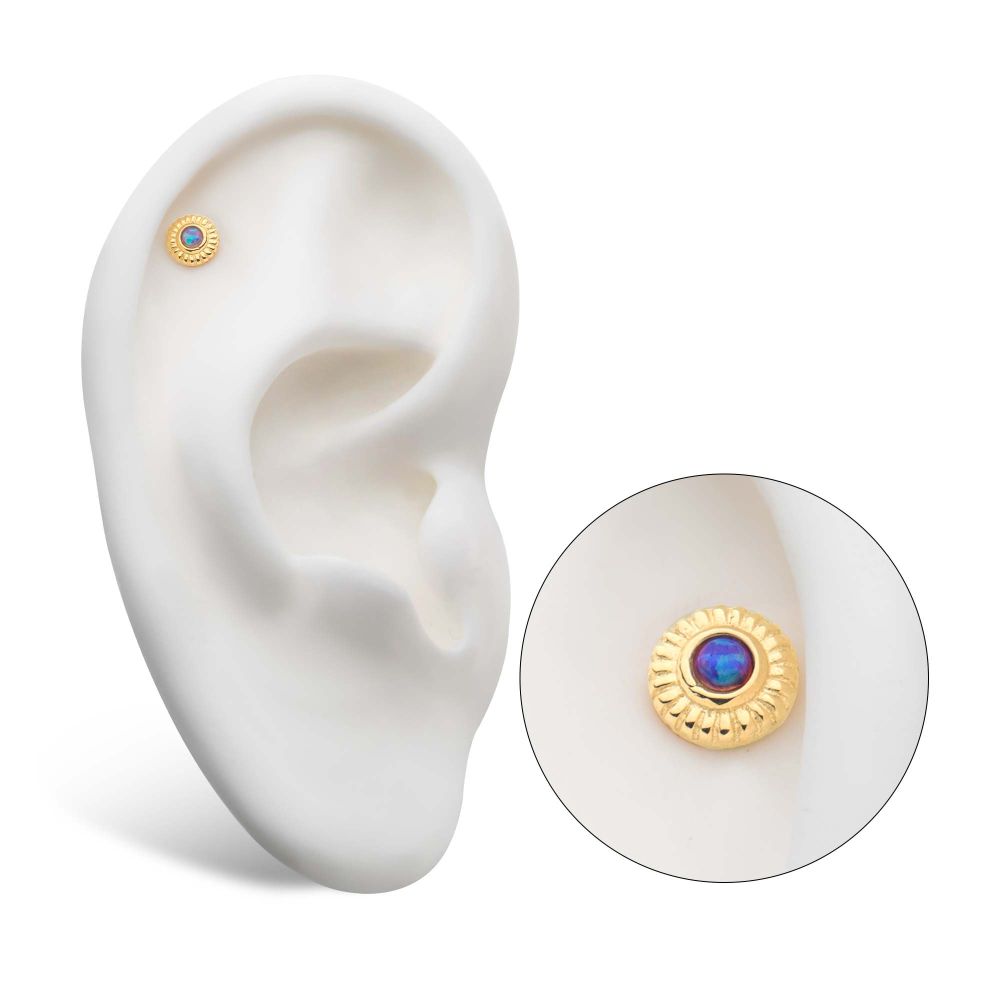 14Kt Yellow Gold Threadless with Bezel Set Synthetic Opal Fine Line Scalloped Edge Top