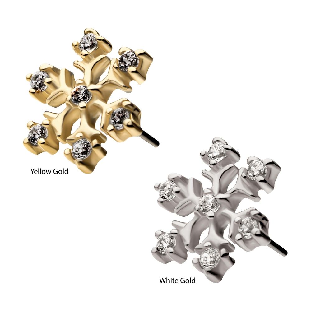 14Kt Gold Threadless with 7 4-Prong Set Round Clear CZ Snowflake Top