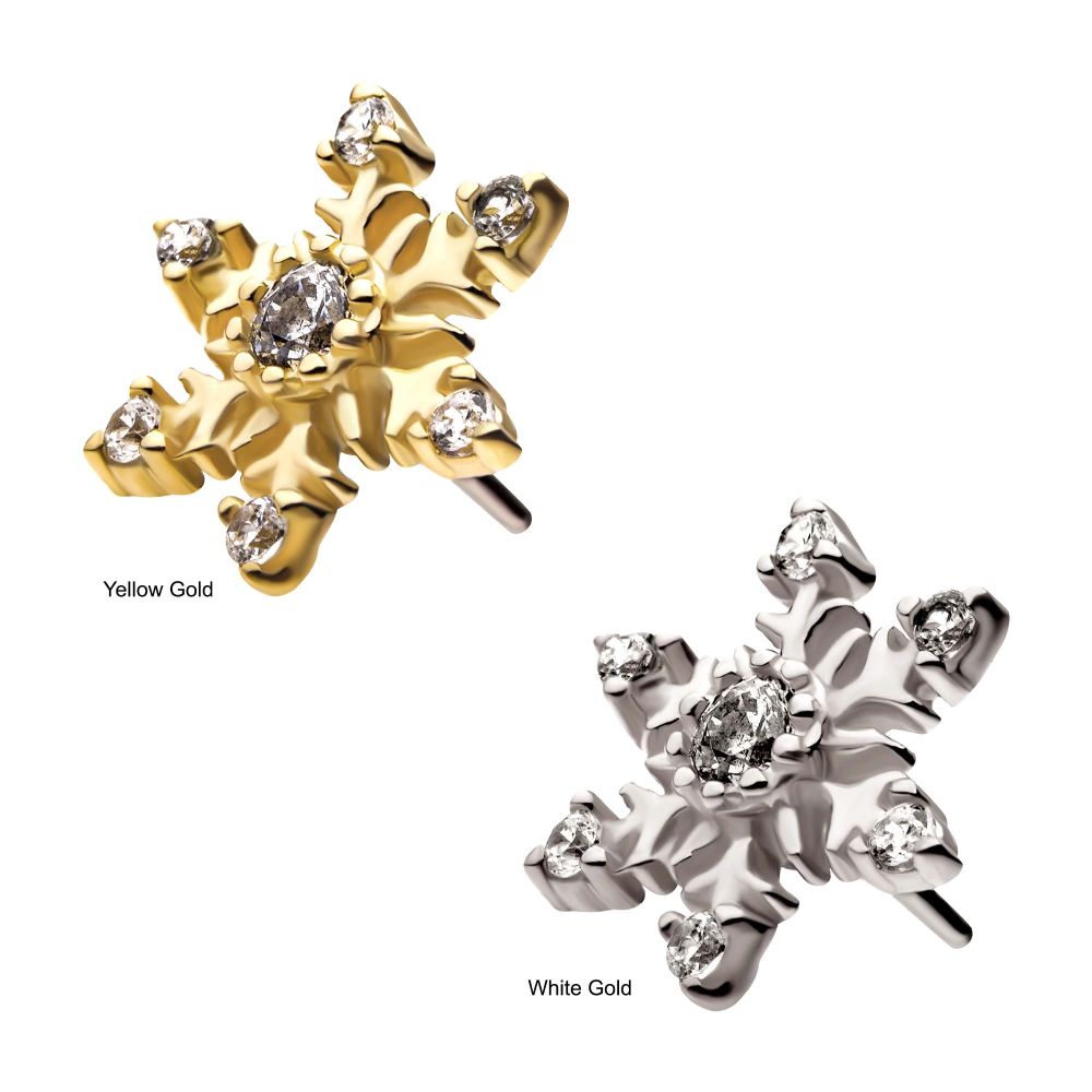 14Kt Gold Threadless with 6 3-Prong Set Round Clear CZ Snowflake Top