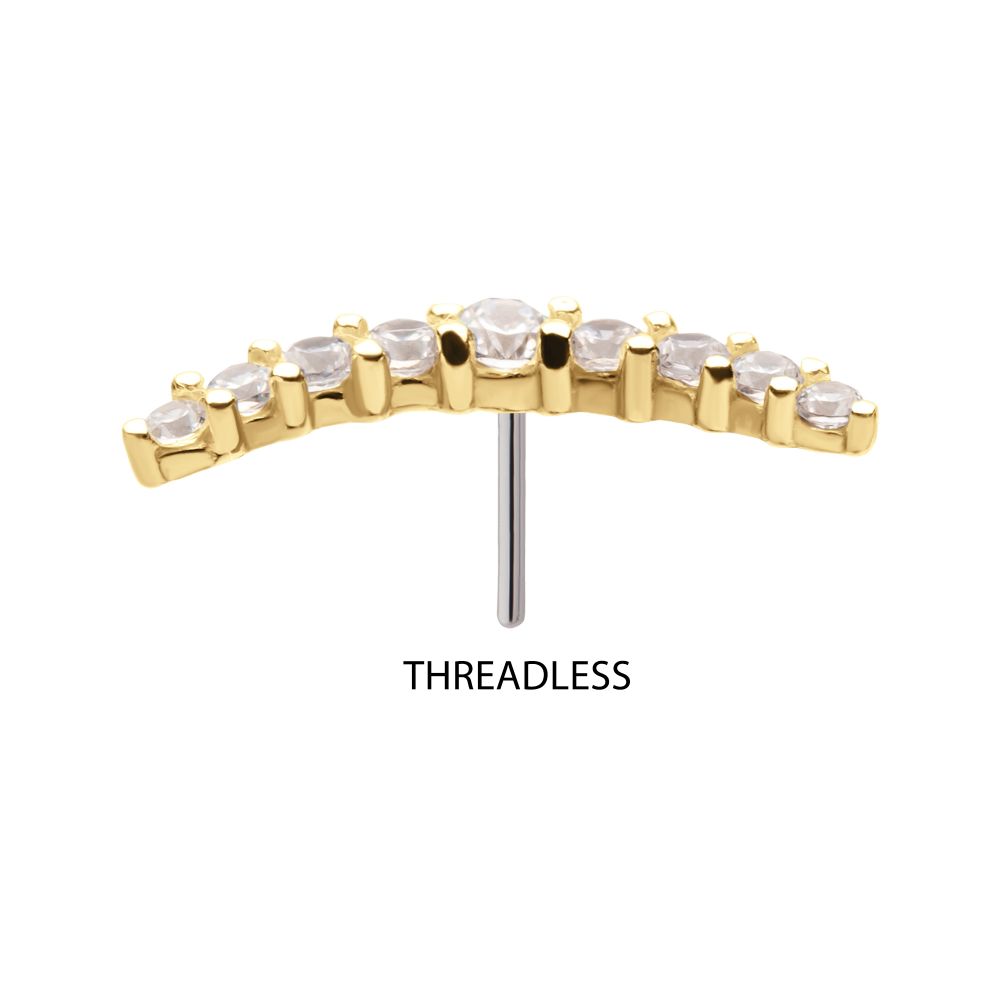 14Kt Gold Threadless Curved Bar Top with 9 Prong Set Gem Cluster