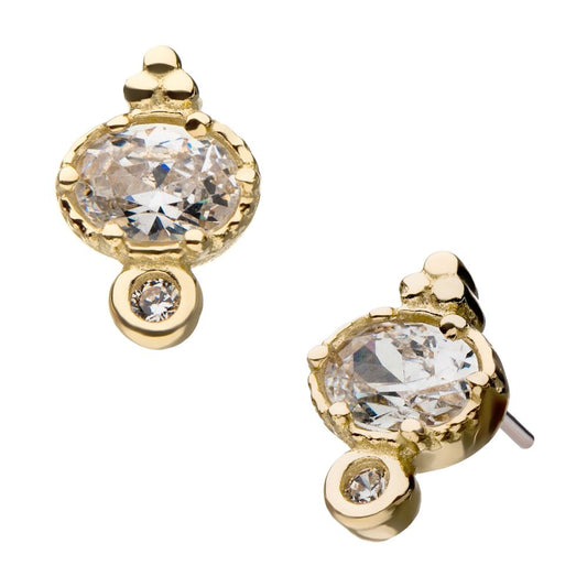 14Kt Yellow Gold Threadless with Big & Small Clear Gem & Tri-bead Top