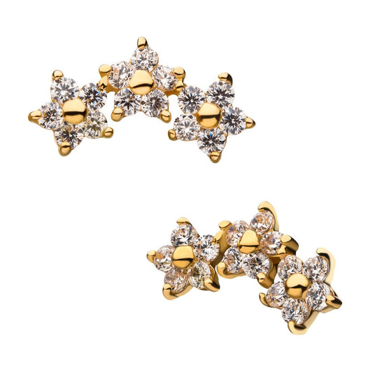 14Kt Yellow Gold Threadless 3-Curved Cluster Pronged Round CZ Flower Top