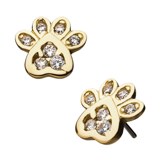 14Kt Yellow Gold Threadless with Dog Paw Clear CZ Top
