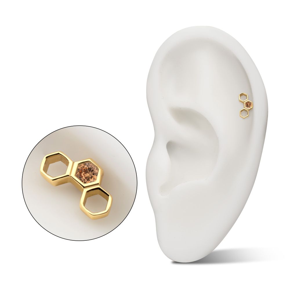 14Kt Yellow Gold Threadless Bezel Gem Hollow Out Honeycomb Top