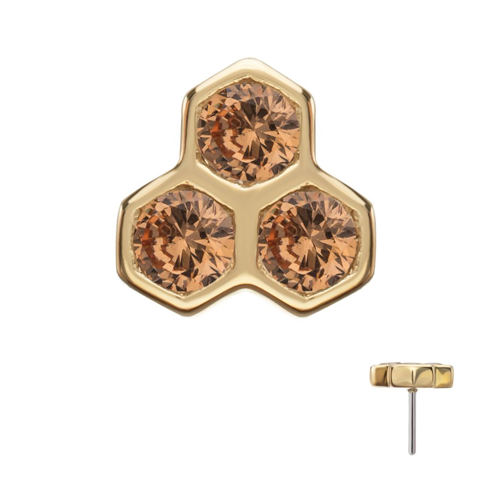 14Kt Yellow Gold Threadless Bezel Gem Triple Honeycomb Top