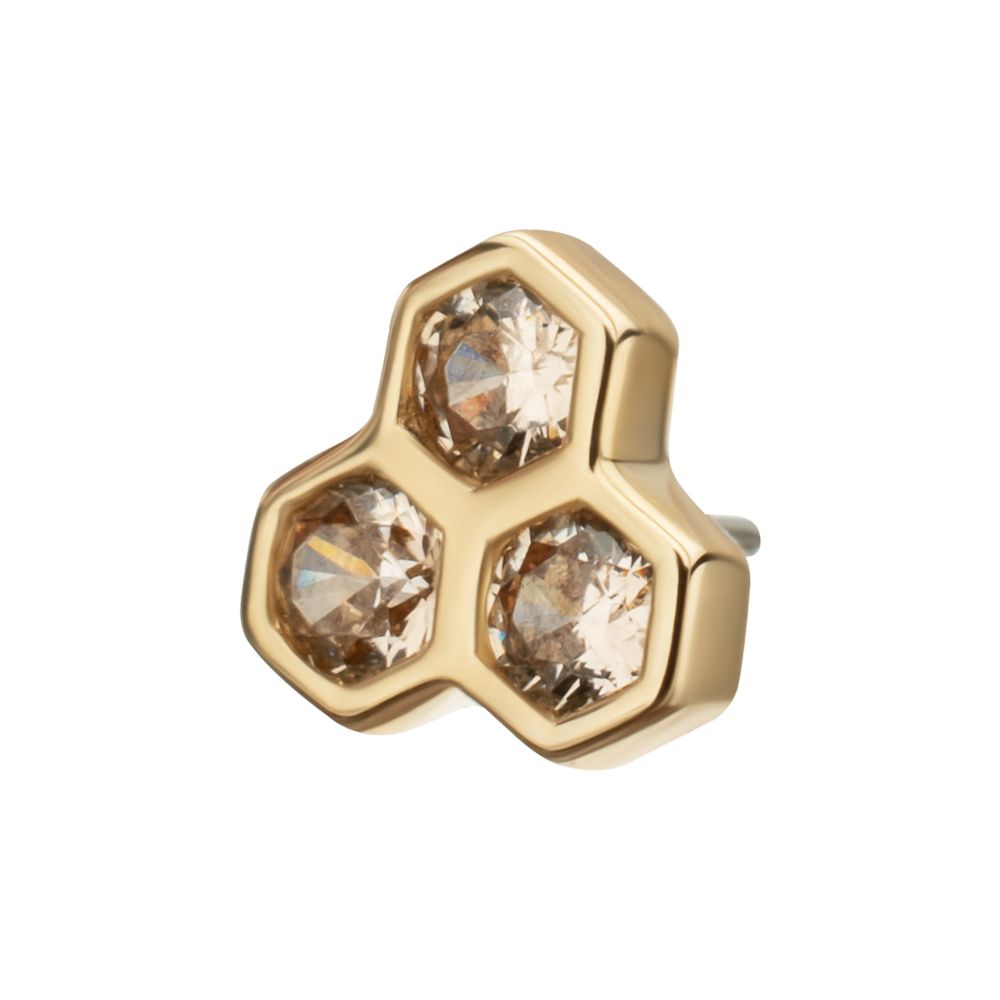 14Kt Yellow Gold Threadless Bezel Gem Triple Honeycomb Top