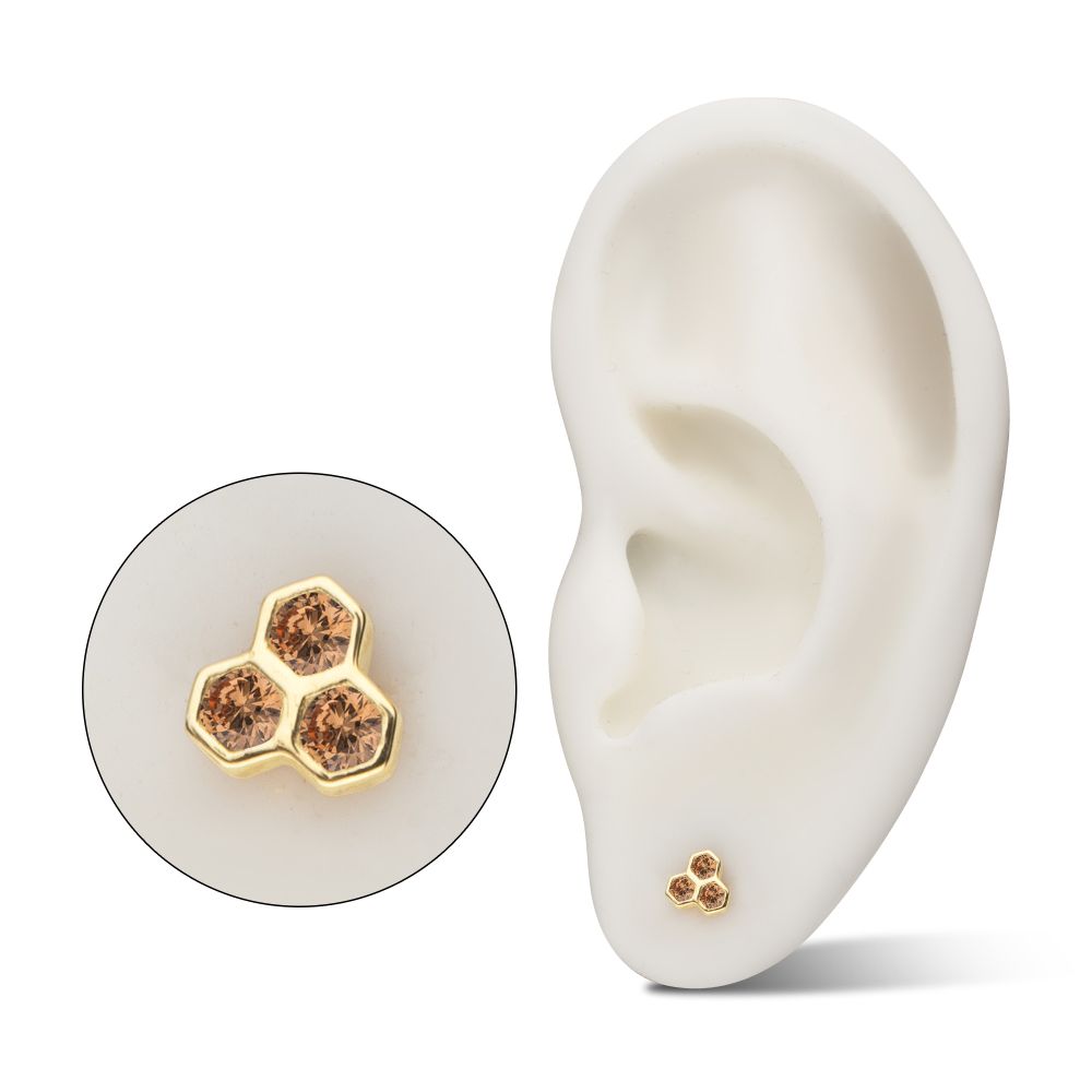 14Kt Yellow Gold Threadless Bezel Gem Triple Honeycomb Top