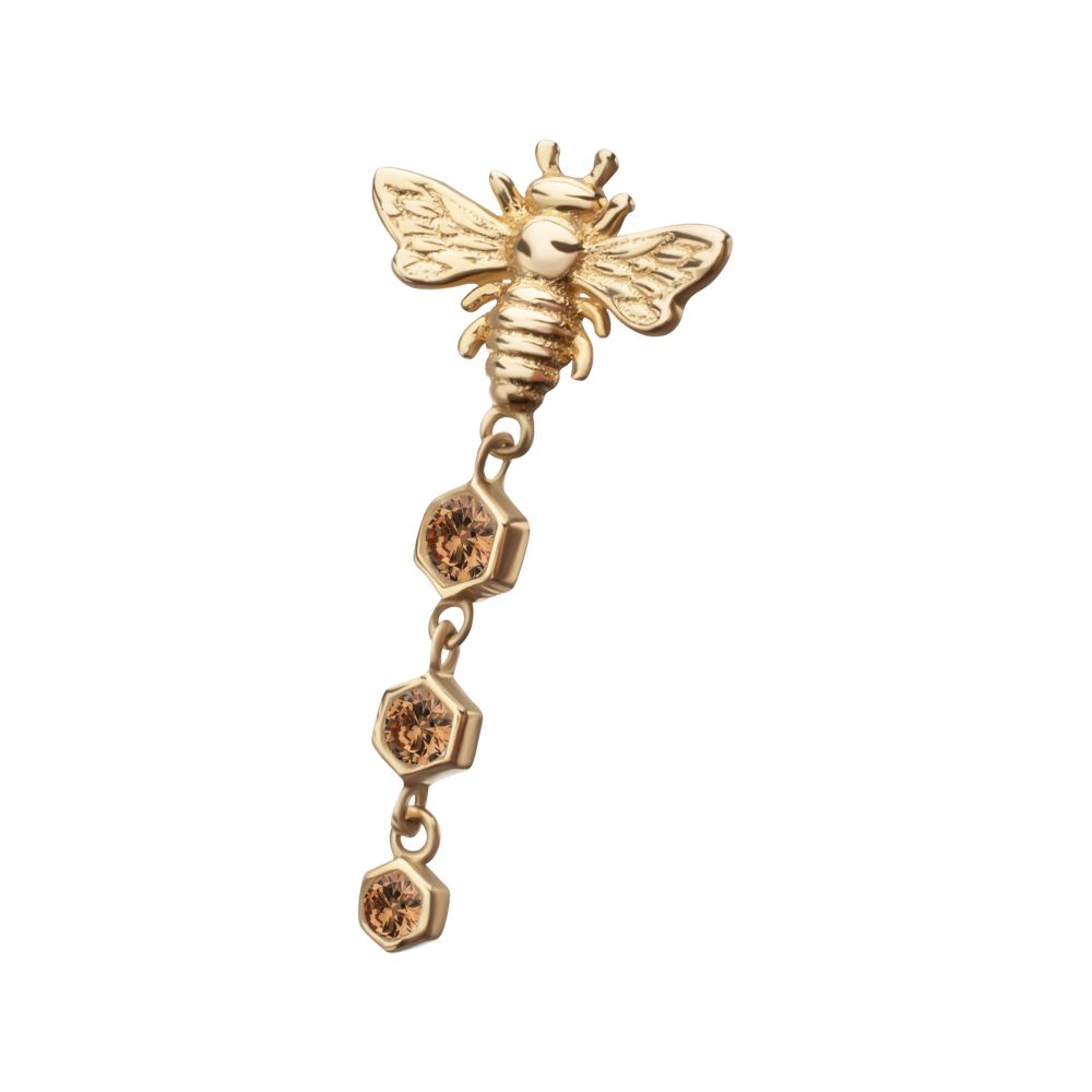 14Kt Yellow Gold Threadless Bee Top with Triple Bezel Set Hexagon Gem Dangle