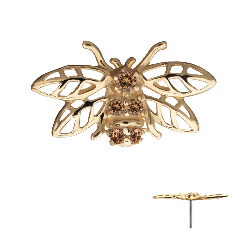 14Kt Yellow Gold Threadless Prong Set Gem Hollow Cut Bee Top