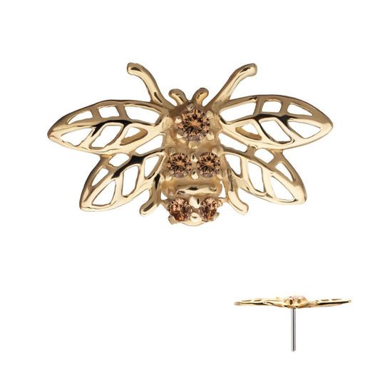 14Kt Yellow Gold Threadless Prong Set Gem Hollow Cut Bee Top