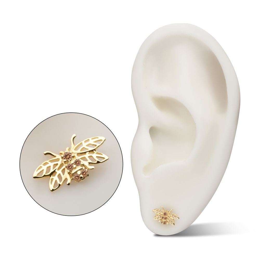 14Kt Yellow Gold Threadless Prong Set Gem Hollow Cut Bee Top