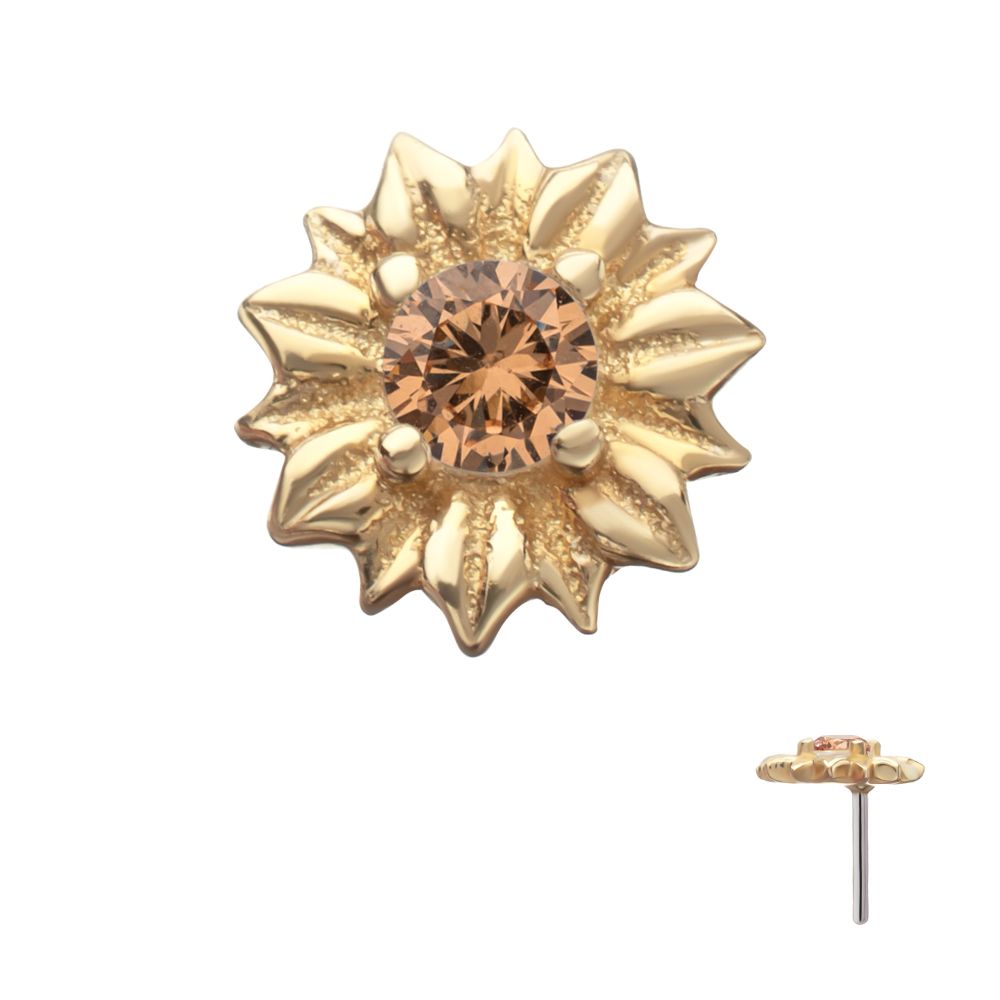 14Kt Yellow Gold Threadless Prong Set Gem Sunflower Top