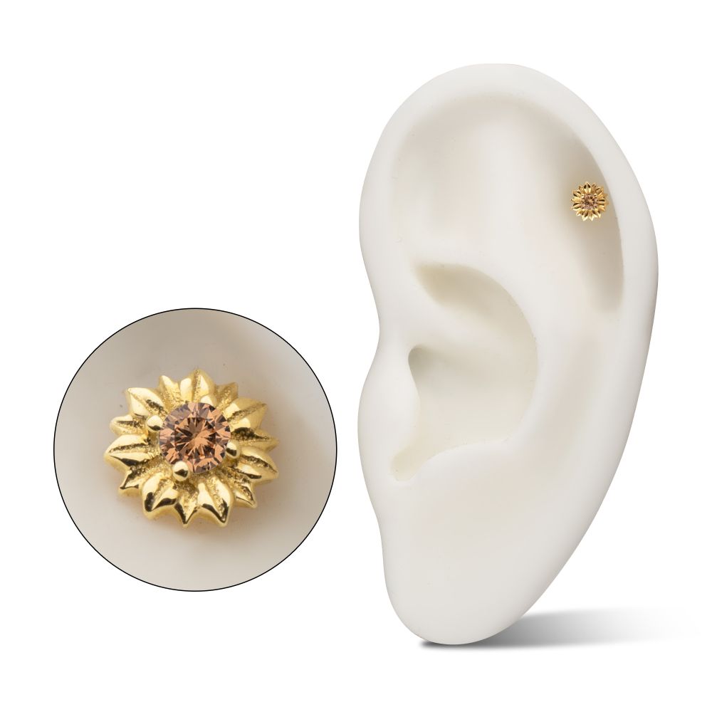 14Kt Yellow Gold Threadless Prong Set Gem Sunflower Top