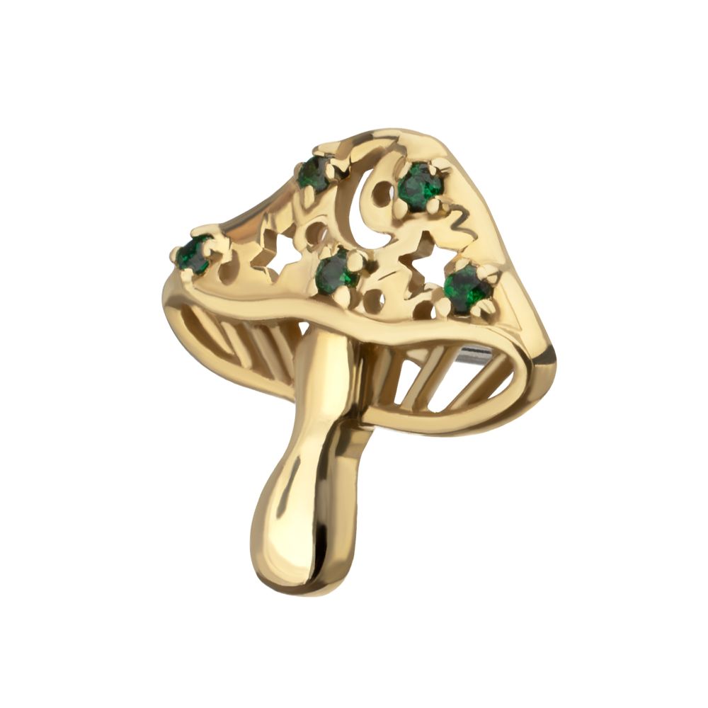 14Kt Yellow Gold Threadless Prong Set Emerald Gem Mystic Mushroom Top