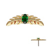 14Kt Yellow Gold Threadless Prong Set Emerald Gem Two Sculpted Leaves Top