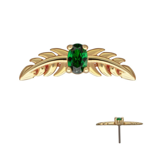 14Kt Yellow Gold Threadless Prong Set Emerald Gem Two Sculpted Leaves Top