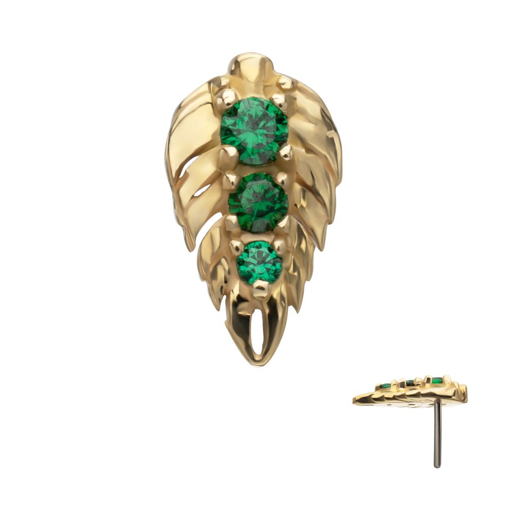 14Kt Yellow Gold Threadless Prong Set Emerald Gem Grove Leaf Top