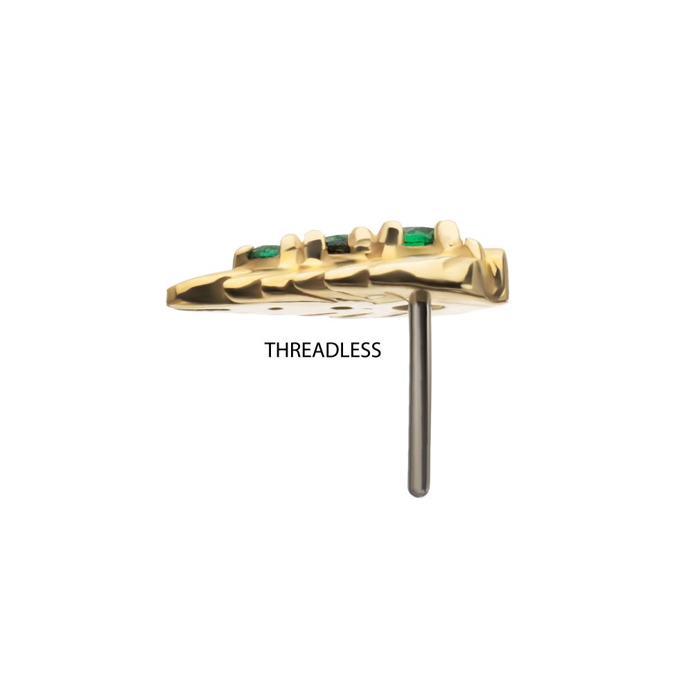 14Kt Yellow Gold Threadless Prong Set Emerald Gem Grove Leaf Top