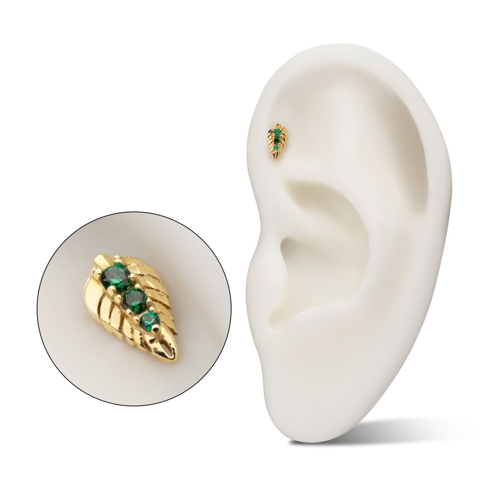 14Kt Yellow Gold Threadless Prong Set Emerald Gem Grove Leaf Top