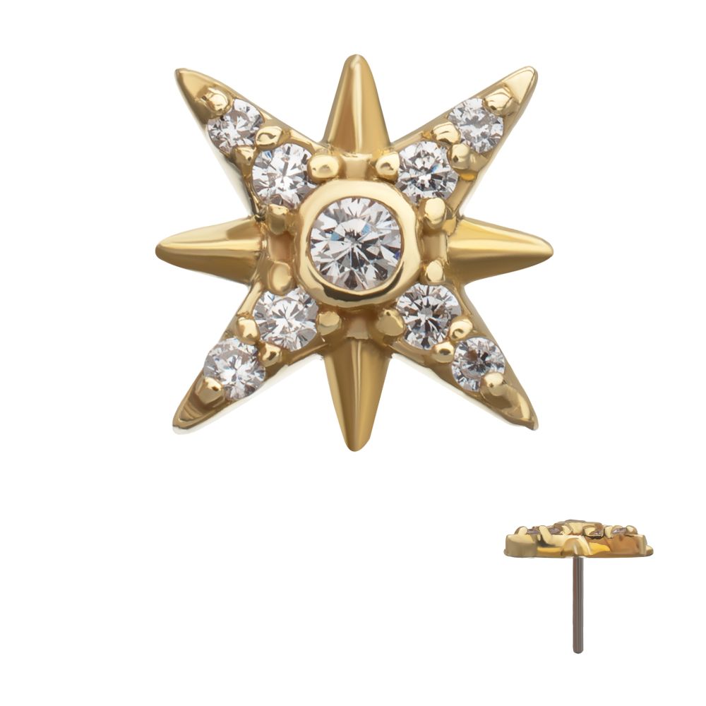 14Kt Yellow Gold Threadless Paved Gem Starburst Top