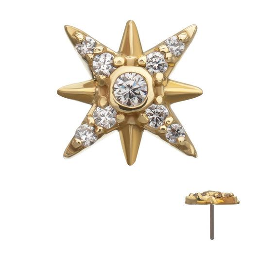 14Kt Yellow Gold Threadless Paved Gem Starburst Top