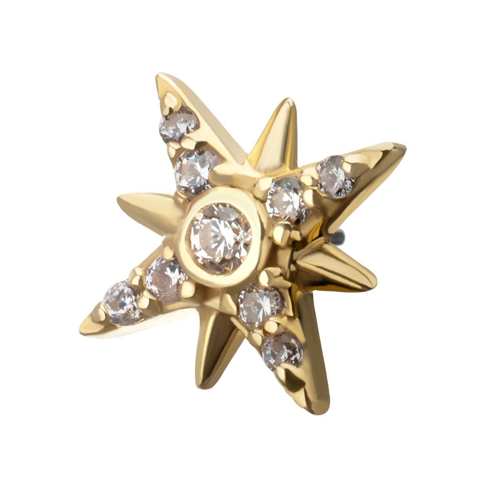 14Kt Yellow Gold Threadless Paved Gem Starburst Top