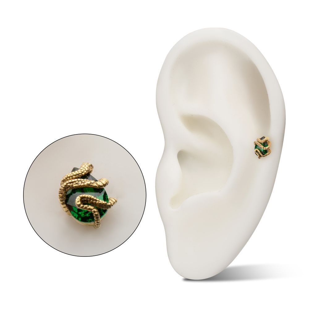 14Kt Yellow Gold Threadless Serpent Wrapped on Teardrop Emerald Top